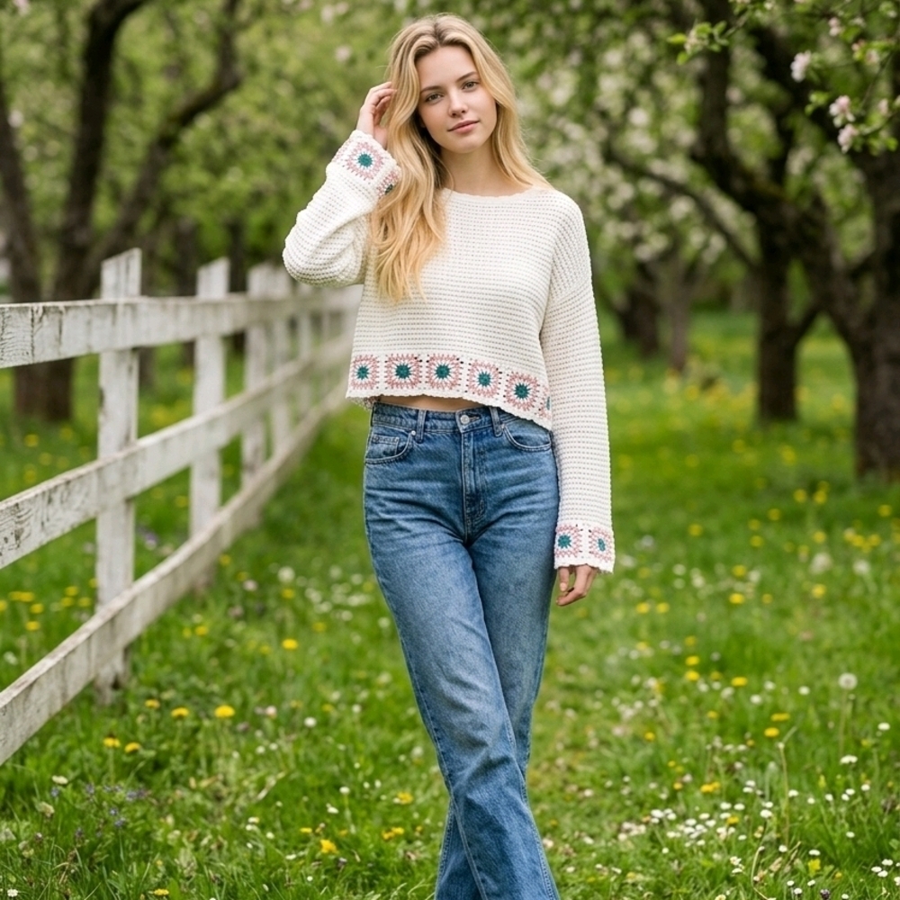 Sincerely Jules Crochet Long Sleeve Top Bell Sleeve Granny Square Medium White